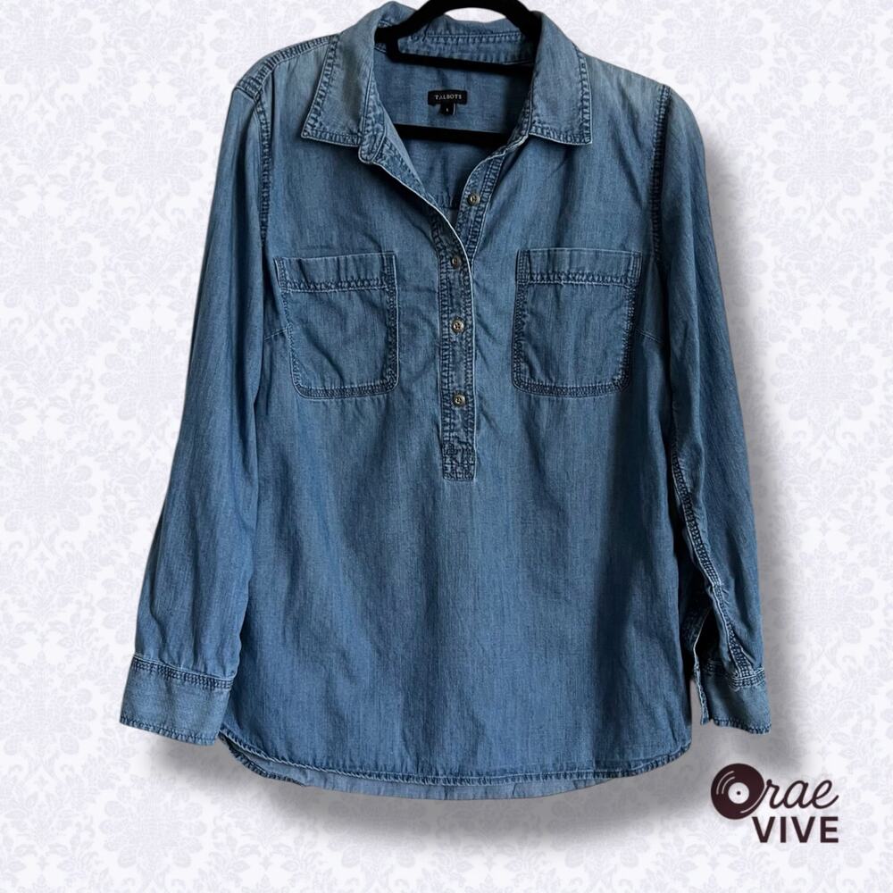 Talbots Women's Large Denim Chambray Button Down Top 100% Cotton